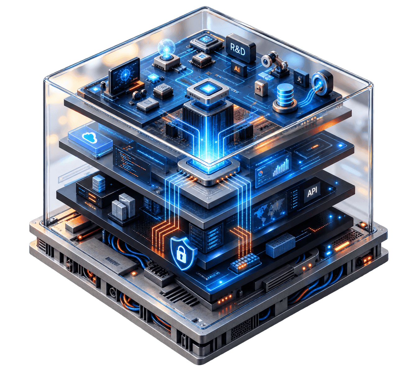 CreArts technology stack: hardware, cloud infrastructure, APIs, and cybersecurity layered inside a single glass enclosure